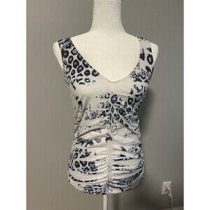 LAST TANGO Animal Print Ruched Court Tank M/L with Scoop Neck/High Back